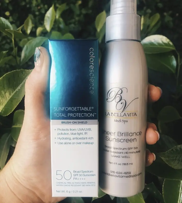 La Bella Vita Medi Spa Inc. sunscreen and Color Science sunscreen are recommended.